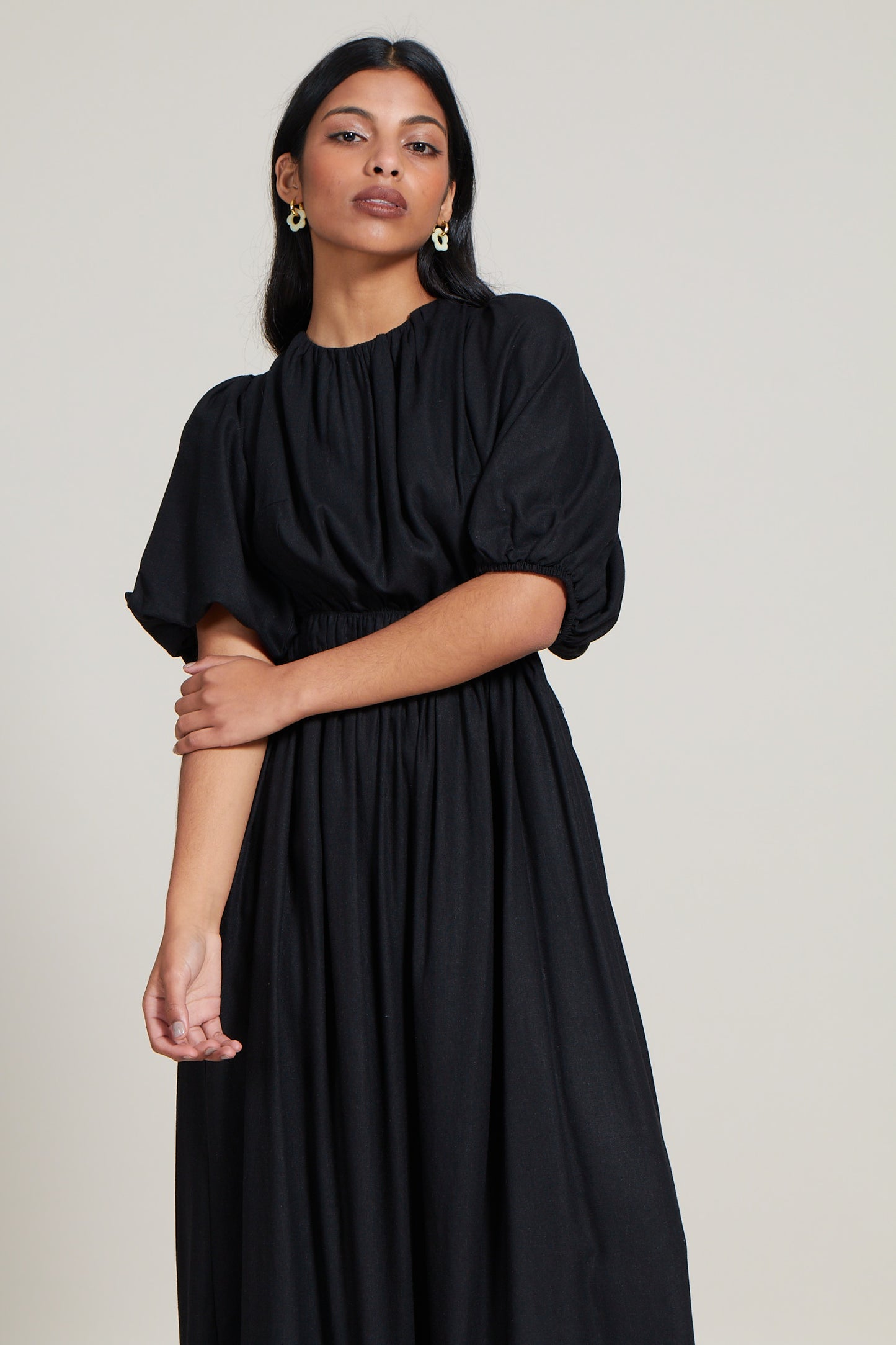 Gathered Neckline Cross Back Dress