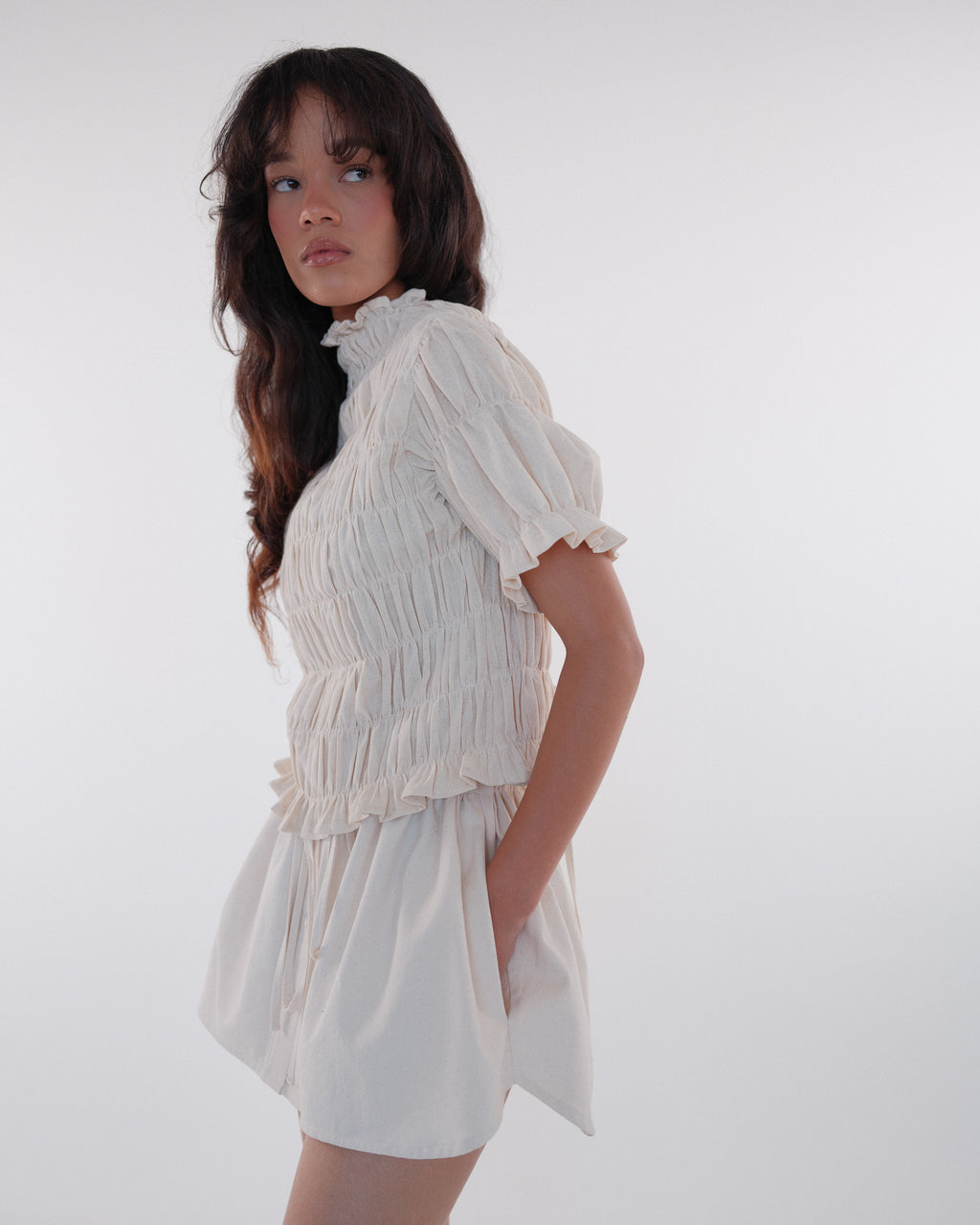 Gathered Elastic Puff Sleeve Top